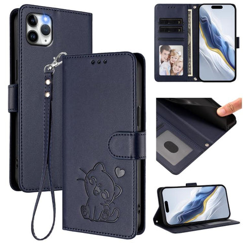 Embossed Heart Cat Leather Phone Case with Hand Strap, For iPhone 11 Pro Max, For iPhone 11, For iPhone 11 Pro, For iPhone X / XS