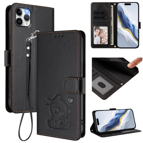 Embossed Heart Cat Leather Phone Case with Hand Strap, For iPhone 11 Pro Max, For iPhone 11, For iPhone 11 Pro, For iPhone X / XS