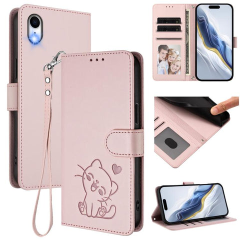 Embossed Heart Cat Leather Phone Case with Hand Strap, For iPhone XR, For iPhone XS Max, For iPhone 7 Plus / 8 Plus