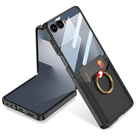 GKK Integrated Ultra-thin Leather Card Slots Phone Case with Ring Holder, For Galaxy Z Flip8 5G, For Samsung Galaxy Z Flip7 5G