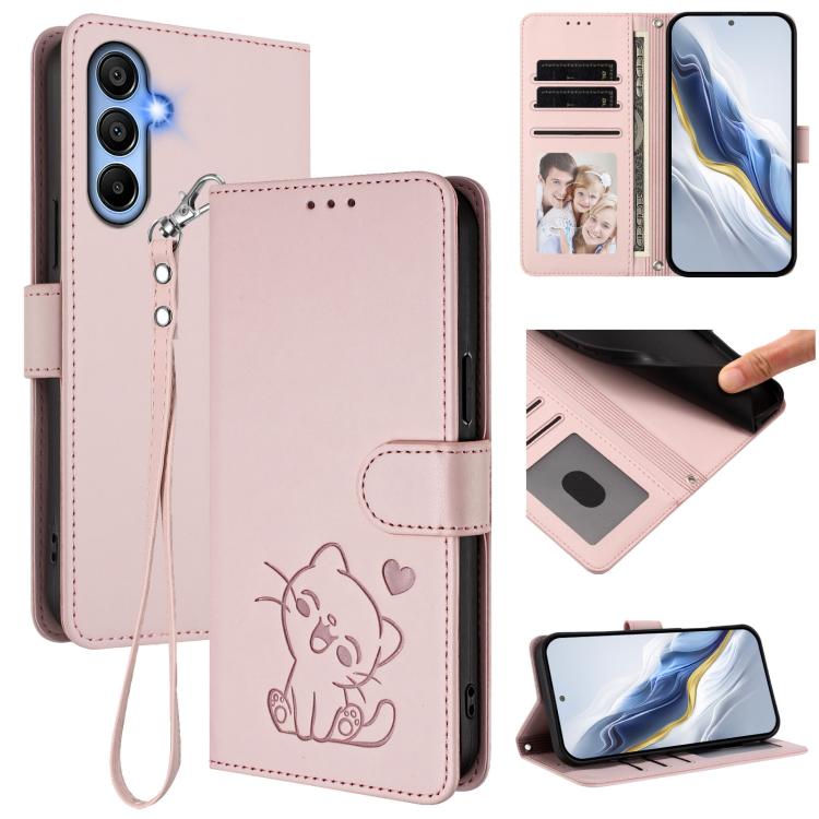Embossed Heart Cat Leather Phone Case with Hand Strap, For Samsung Galaxy A15 4G / 5G, For Samsung Galaxy A55 5G, For Samsung Galaxy A35 5G, For Samsung Galaxy A25 5G Global