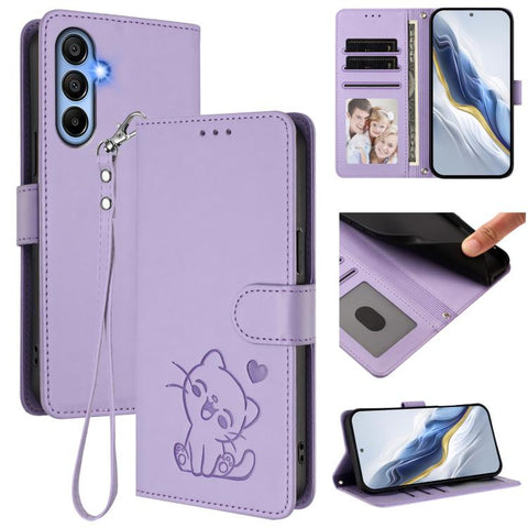 Embossed Heart Cat Leather Phone Case with Hand Strap, For Samsung Galaxy A15 4G / 5G, For Samsung Galaxy A55 5G, For Samsung Galaxy A35 5G, For Samsung Galaxy A25 5G Global