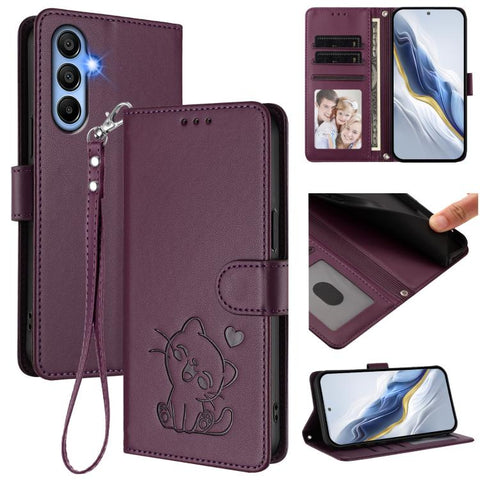 Embossed Heart Cat Leather Phone Case with Hand Strap, For Samsung Galaxy A15 4G / 5G, For Samsung Galaxy A55 5G, For Samsung Galaxy A35 5G, For Samsung Galaxy A25 5G Global