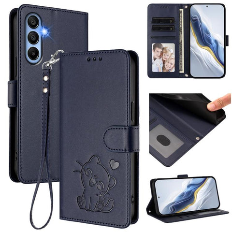Embossed Heart Cat Leather Phone Case with Hand Strap, For Samsung Galaxy A15 4G / 5G, For Samsung Galaxy A55 5G, For Samsung Galaxy A35 5G, For Samsung Galaxy A25 5G Global