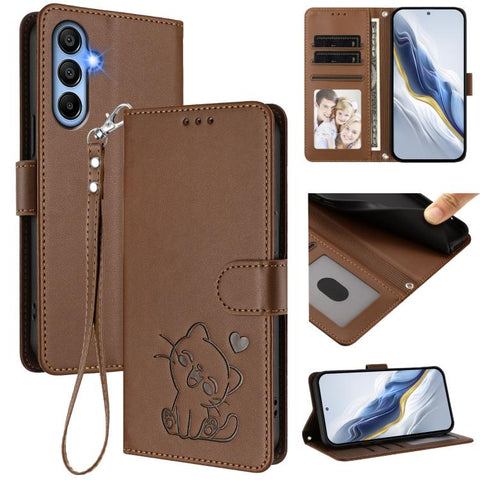 Embossed Heart Cat Leather Phone Case with Hand Strap, For Samsung Galaxy A15 4G / 5G, For Samsung Galaxy A55 5G, For Samsung Galaxy A35 5G, For Samsung Galaxy A25 5G Global