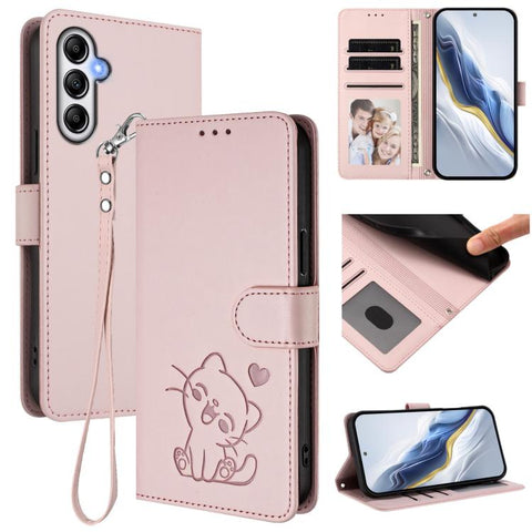 Embossed Heart Cat Leather Phone Case with Hand Strap, For Samsung Galaxy A15 4G / 5G, For Samsung Galaxy A55 5G, For Samsung Galaxy A35 5G, For Samsung Galaxy A25 5G Global
