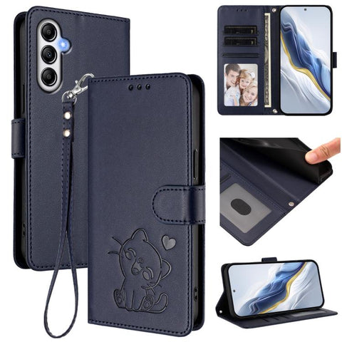 Embossed Heart Cat Leather Phone Case with Hand Strap, For Samsung Galaxy A15 4G / 5G, For Samsung Galaxy A55 5G, For Samsung Galaxy A35 5G, For Samsung Galaxy A25 5G Global