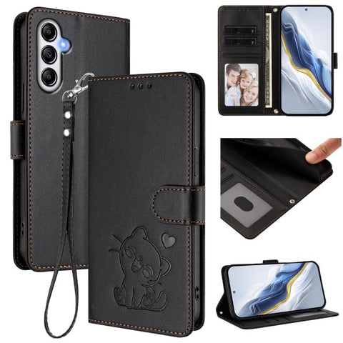Embossed Heart Cat Leather Phone Case with Hand Strap, For Samsung Galaxy A15 4G / 5G, For Samsung Galaxy A55 5G, For Samsung Galaxy A35 5G, For Samsung Galaxy A25 5G Global