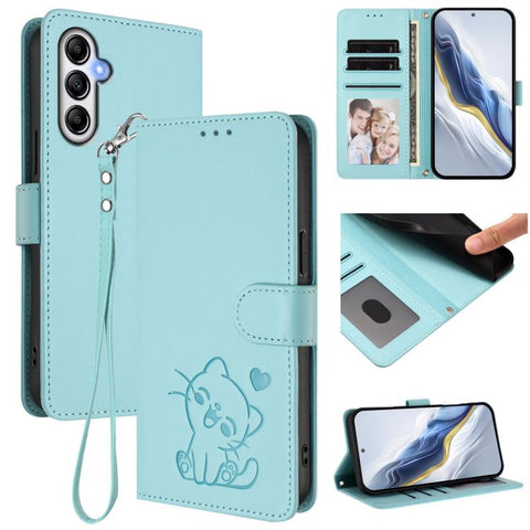 Embossed Heart Cat Leather Phone Case with Hand Strap, For Samsung Galaxy A15 4G / 5G, For Samsung Galaxy A55 5G, For Samsung Galaxy A35 5G, For Samsung Galaxy A25 5G Global
