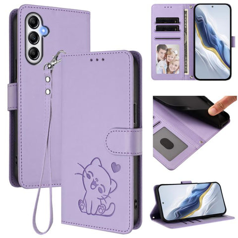 Embossed Heart Cat Leather Phone Case with Hand Strap, For Samsung Galaxy A15 4G / 5G, For Samsung Galaxy A55 5G, For Samsung Galaxy A35 5G, For Samsung Galaxy A25 5G Global
