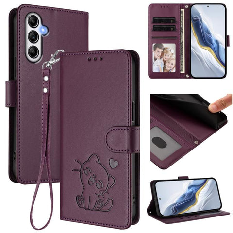 Embossed Heart Cat Leather Phone Case with Hand Strap, For Samsung Galaxy A15 4G / 5G, For Samsung Galaxy A55 5G, For Samsung Galaxy A35 5G, For Samsung Galaxy A25 5G Global