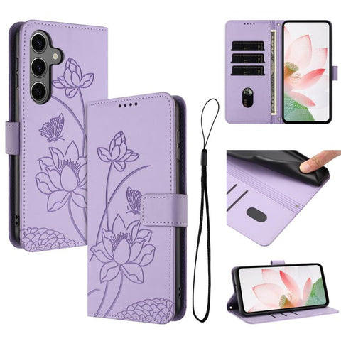 Lotus Embossed Leather Phone Case with Lanyard, For Galaxy S26 FE 5G, For Samsung Galaxy S26+ 5G, For Samsung Galaxy S26 Ultra 5G, For Samsung Galaxy S26 5G, For Samsung Galaxy S25 FE 5G, For Samsung Galaxy S25 Edge 5G, For Samsung Galaxy S25 / S24 5G ...