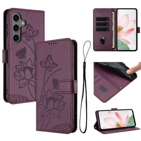Lotus Embossed Leather Phone Case with Lanyard, For Galaxy S26 FE 5G, For Samsung Galaxy S26+ 5G, For Samsung Galaxy S26 Ultra 5G, For Samsung Galaxy S26 5G, For Samsung Galaxy S25 FE 5G, For Samsung Galaxy S25 Edge 5G, For Samsung Galaxy S25 / S24 5G ...