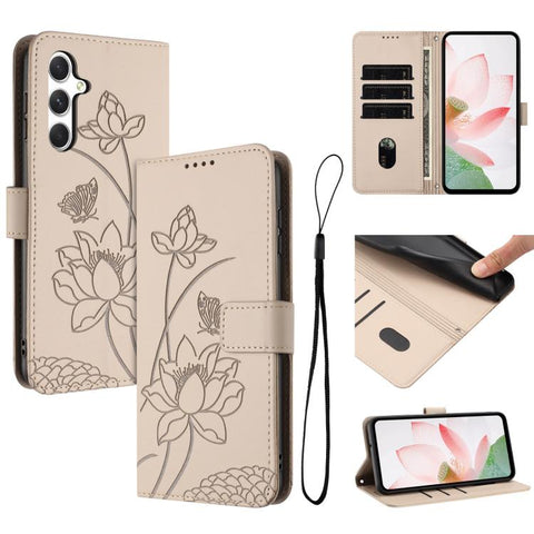 Lotus Embossed Leather Phone Case with Lanyard, For Galaxy S26 FE 5G, For Samsung Galaxy S26+ 5G, For Samsung Galaxy S26 Ultra 5G, For Samsung Galaxy S26 5G, For Samsung Galaxy S25 FE 5G, For Samsung Galaxy S25 Edge 5G, For Samsung Galaxy S25 / S24 5G ...