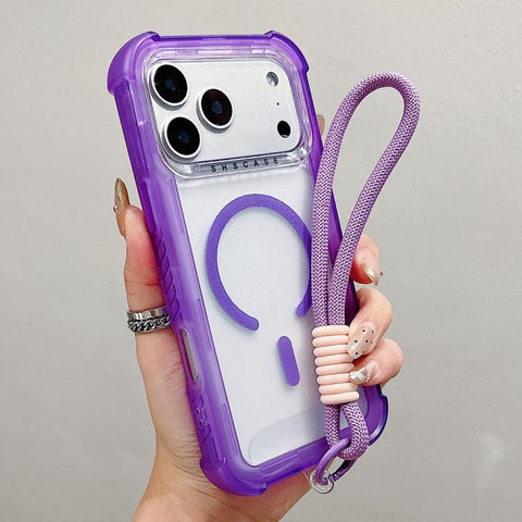 Transparent Matte TPU Hybrid PC 3-in-1 MagSafe Phone Case with Wrist Strap, For iPhone 18 Pro / 17 Pro, For iPhone 18 Pro Max / 17 Pro Max, For iPhone 17, For iPhone Air, For iPhone 16 Pro Max, For iPhone 16 Pro, For iPhone 16 Plus, For iPhone 16