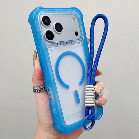 Transparent Matte TPU Hybrid PC 3-in-1 MagSafe Phone Case with Wrist Strap, For iPhone 18 Pro / 17 Pro, For iPhone 18 Pro Max / 17 Pro Max, For iPhone 17, For iPhone Air, For iPhone 16 Pro Max, For iPhone 16 Pro, For iPhone 16 Plus, For iPhone 16