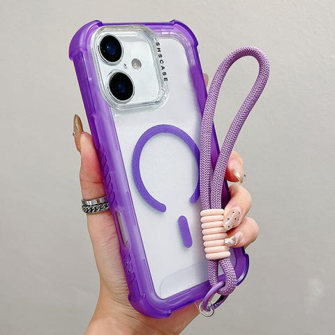 Transparent Matte TPU Hybrid PC 3-in-1 MagSafe Phone Case with Wrist Strap, For iPhone 18 Pro / 17 Pro, For iPhone 18 Pro Max / 17 Pro Max, For iPhone 17, For iPhone Air, For iPhone 16 Pro Max, For iPhone 16 Pro, For iPhone 16 Plus, For iPhone 16