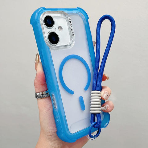 Transparent Matte TPU Hybrid PC 3-in-1 MagSafe Phone Case with Wrist Strap, For iPhone 18 Pro / 17 Pro, For iPhone 18 Pro Max / 17 Pro Max, For iPhone 17, For iPhone Air, For iPhone 16 Pro Max, For iPhone 16 Pro, For iPhone 16 Plus, For iPhone 16