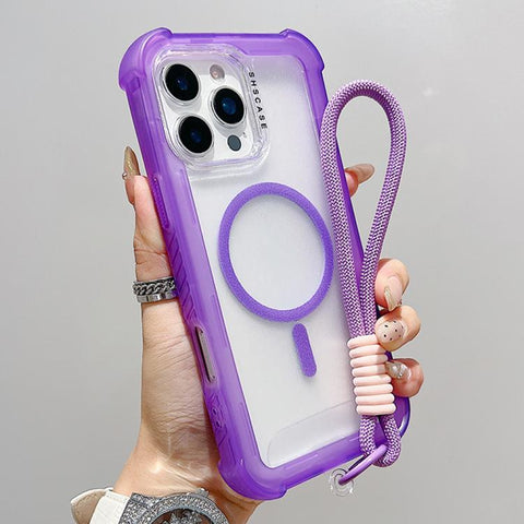 Transparent Matte TPU Hybrid PC 3-in-1 MagSafe Phone Case with Wrist Strap, For iPhone 18 Pro / 17 Pro, For iPhone 18 Pro Max / 17 Pro Max, For iPhone 17, For iPhone Air, For iPhone 16 Pro Max, For iPhone 16 Pro, For iPhone 16 Plus, For iPhone 16