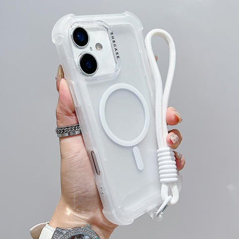 Transparent Matte TPU Hybrid PC 3-in-1 MagSafe Phone Case with Wrist Strap, For iPhone 18 Pro / 17 Pro, For iPhone 18 Pro Max / 17 Pro Max, For iPhone 17, For iPhone Air, For iPhone 16 Pro Max, For iPhone 16 Pro, For iPhone 16 Plus, For iPhone 16