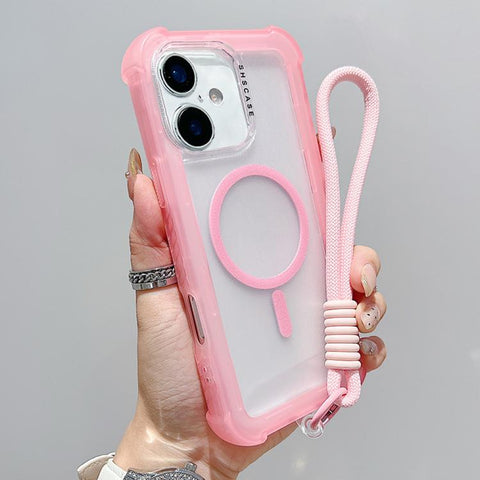 Transparent Matte TPU Hybrid PC 3-in-1 MagSafe Phone Case with Wrist Strap, For iPhone 18 Pro / 17 Pro, For iPhone 18 Pro Max / 17 Pro Max, For iPhone 17, For iPhone Air, For iPhone 16 Pro Max, For iPhone 16 Pro, For iPhone 16 Plus, For iPhone 16