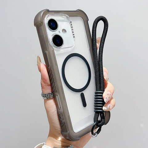 Transparent Matte TPU Hybrid PC 3-in-1 MagSafe Phone Case with Wrist Strap, For iPhone 18 Pro / 17 Pro, For iPhone 18 Pro Max / 17 Pro Max, For iPhone 17, For iPhone Air, For iPhone 16 Pro Max, For iPhone 16 Pro, For iPhone 16 Plus, For iPhone 16