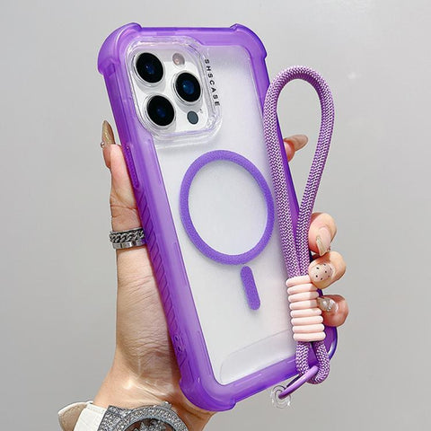 Transparent Matte TPU Hybrid PC 3-in-1 MagSafe Phone Case with Wrist Strap, For iPhone 15 Pro Max, For iPhone 15 Pro, For iPhone 15 Plus, For iPhone 15, For iPhone 14 Plus, For iPhone 14, For iPhone 14 Pro, For iPhone 14 Pro Max