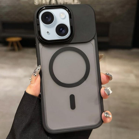 Skin Feel Frosted Metal Lens Holder MagSafe Magnetic Phone Case, For iPhone 16 Plus, For iPhone 16, For iPhone 15 Pro Max, For iPhone 15 Pro, For iPhone 15, For iPhone 14