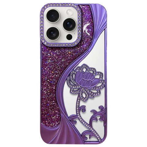 Electroplated TPU Lotus Hollow-carved  Rhinestone Glitter Phone Case, For iPhone 15 Pro Max, For iPhone 15 Pro, For iPhone 15, For iPhone 14, For iPhone 14 Pro, For iPhone 14 Pro Max, For iPhone 13 Pro Max, For iPhone 13 Pro