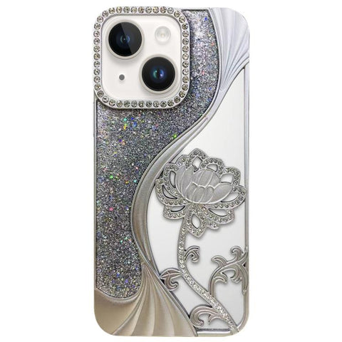 Electroplated TPU Lotus Hollow-carved  Rhinestone Glitter Phone Case, For iPhone 15 Pro Max, For iPhone 15 Pro, For iPhone 15, For iPhone 14, For iPhone 14 Pro, For iPhone 14 Pro Max, For iPhone 13 Pro Max, For iPhone 13 Pro