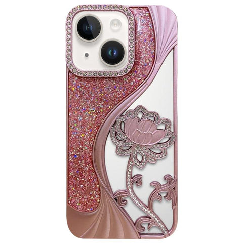 Electroplated TPU Lotus Hollow-carved  Rhinestone Glitter Phone Case, For iPhone 15 Pro Max, For iPhone 15 Pro, For iPhone 15, For iPhone 14, For iPhone 14 Pro, For iPhone 14 Pro Max, For iPhone 13 Pro Max, For iPhone 13 Pro
