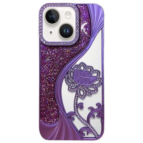 Electroplated TPU Lotus Hollow-carved  Rhinestone Glitter Phone Case, For iPhone 15 Pro Max, For iPhone 15 Pro, For iPhone 15, For iPhone 14, For iPhone 14 Pro, For iPhone 14 Pro Max, For iPhone 13 Pro Max, For iPhone 13 Pro