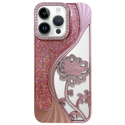 Electroplated TPU Lotus Hollow-carved  Rhinestone Glitter Phone Case, For iPhone 15 Pro Max, For iPhone 15 Pro, For iPhone 15, For iPhone 14, For iPhone 14 Pro, For iPhone 14 Pro Max, For iPhone 13 Pro Max, For iPhone 13 Pro