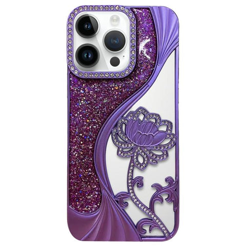 Electroplated TPU Lotus Hollow-carved  Rhinestone Glitter Phone Case, For iPhone 15 Pro Max, For iPhone 15 Pro, For iPhone 15, For iPhone 14, For iPhone 14 Pro, For iPhone 14 Pro Max, For iPhone 13 Pro Max, For iPhone 13 Pro