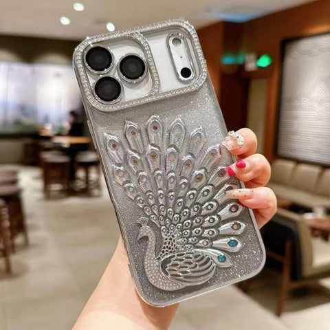 Electroplated TPU Peacock Relief Rhinestone Glitter Phone Case with Lens Film, For iPhone 18 Pro, For iPhone 18 Pro Max, For iPhone 17 Pro Max, For iPhone 17 Pro, For iPhone 17, For iPhone 16 Pro Max, For iPhone 16 Pro, For iPhone 16 Plus