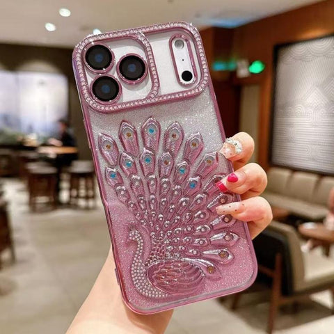 Electroplated TPU Peacock Relief Rhinestone Glitter Phone Case with Lens Film, For iPhone 18 Pro, For iPhone 18 Pro Max, For iPhone 17 Pro Max, For iPhone 17 Pro, For iPhone 17, For iPhone 16 Pro Max, For iPhone 16 Pro, For iPhone 16 Plus