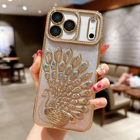 Electroplated TPU Peacock Relief Rhinestone Glitter Phone Case with Lens Film, For iPhone 18 Pro, For iPhone 18 Pro Max, For iPhone 17 Pro Max, For iPhone 17 Pro, For iPhone 17, For iPhone 16 Pro Max, For iPhone 16 Pro, For iPhone 16 Plus