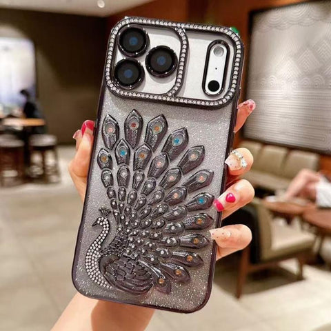 Electroplated TPU Peacock Relief Rhinestone Glitter Phone Case with Lens Film, For iPhone 18 Pro, For iPhone 18 Pro Max, For iPhone 17 Pro Max, For iPhone 17 Pro, For iPhone 17, For iPhone 16 Pro Max, For iPhone 16 Pro, For iPhone 16 Plus