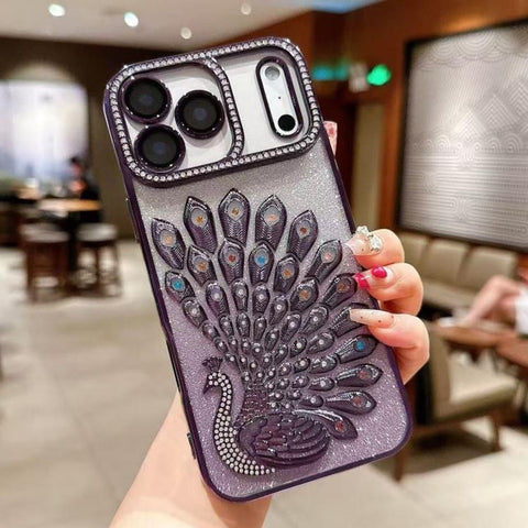 Electroplated TPU Peacock Relief Rhinestone Glitter Phone Case with Lens Film, For iPhone 18 Pro, For iPhone 18 Pro Max, For iPhone 17 Pro Max, For iPhone 17 Pro, For iPhone 17, For iPhone 16 Pro Max, For iPhone 16 Pro, For iPhone 16 Plus