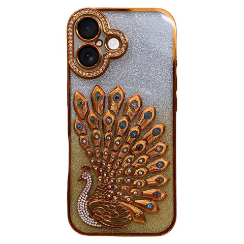 Electroplated TPU Peacock Relief Rhinestone Glitter Phone Case with Lens Film, For iPhone 18 Pro, For iPhone 18 Pro Max, For iPhone 17 Pro Max, For iPhone 17 Pro, For iPhone 17, For iPhone 16 Pro Max, For iPhone 16 Pro, For iPhone 16 Plus