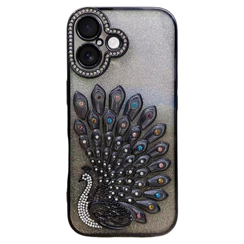 Electroplated TPU Peacock Relief Rhinestone Glitter Phone Case with Lens Film, For iPhone 18 Pro, For iPhone 18 Pro Max, For iPhone 17 Pro Max, For iPhone 17 Pro, For iPhone 17, For iPhone 16 Pro Max, For iPhone 16 Pro, For iPhone 16 Plus