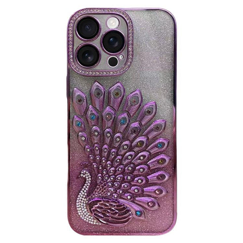 Electroplated TPU Peacock Relief Rhinestone Glitter Phone Case with Lens Film, For iPhone 18 Pro, For iPhone 18 Pro Max, For iPhone 17 Pro Max, For iPhone 17 Pro, For iPhone 17, For iPhone 16 Pro Max, For iPhone 16 Pro, For iPhone 16 Plus