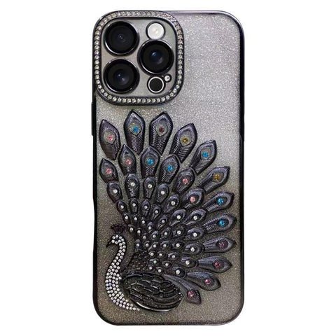 Electroplated TPU Peacock Relief Rhinestone Glitter Phone Case with Lens Film, For iPhone 18 Pro, For iPhone 18 Pro Max, For iPhone 17 Pro Max, For iPhone 17 Pro, For iPhone 17, For iPhone 16 Pro Max, For iPhone 16 Pro, For iPhone 16 Plus