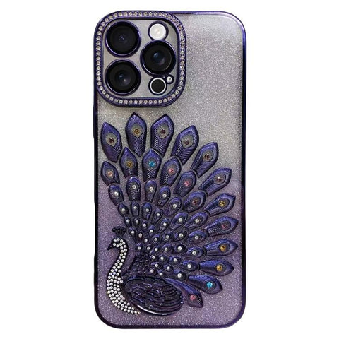 Electroplated TPU Peacock Relief Rhinestone Glitter Phone Case with Lens Film, For iPhone 18 Pro, For iPhone 18 Pro Max, For iPhone 17 Pro Max, For iPhone 17 Pro, For iPhone 17, For iPhone 16 Pro Max, For iPhone 16 Pro, For iPhone 16 Plus