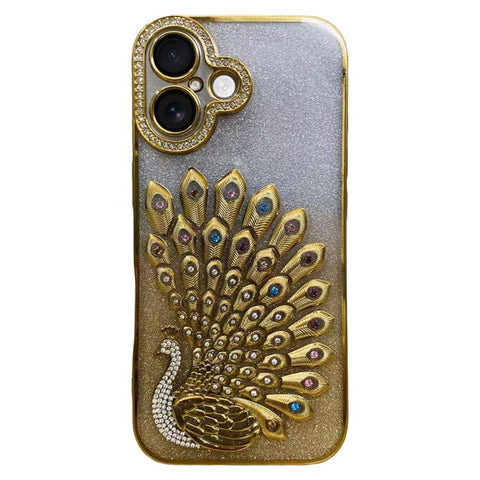 Electroplated TPU Peacock Relief Rhinestone Glitter Phone Case with Lens Film, For iPhone 18 Pro, For iPhone 18 Pro Max, For iPhone 17 Pro Max, For iPhone 17 Pro, For iPhone 17, For iPhone 16 Pro Max, For iPhone 16 Pro, For iPhone 16 Plus