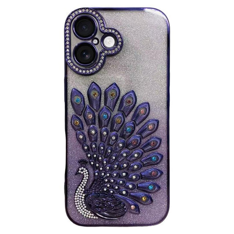 Electroplated TPU Peacock Relief Rhinestone Glitter Phone Case with Lens Film, For iPhone 16, For iPhone 15 Pro Max, For iPhone 15 Pro, For iPhone 15, For iPhone 14, For iPhone 14 Pro, For iPhone 14 Pro Max, For iPhone 13 Pro Max