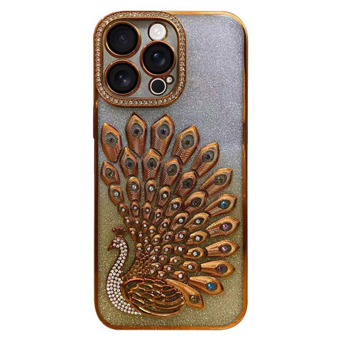 Electroplated TPU Peacock Relief Rhinestone Glitter Phone Case with Lens Film, For iPhone 16, For iPhone 15 Pro Max, For iPhone 15 Pro, For iPhone 15, For iPhone 14, For iPhone 14 Pro, For iPhone 14 Pro Max, For iPhone 13 Pro Max