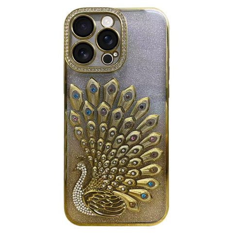 Electroplated TPU Peacock Relief Rhinestone Glitter Phone Case with Lens Film, For iPhone 16, For iPhone 15 Pro Max, For iPhone 15 Pro, For iPhone 15, For iPhone 14, For iPhone 14 Pro, For iPhone 14 Pro Max, For iPhone 13 Pro Max