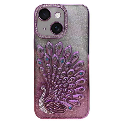Electroplated TPU Peacock Relief Rhinestone Glitter Phone Case with Lens Film, For iPhone 16, For iPhone 15 Pro Max, For iPhone 15 Pro, For iPhone 15, For iPhone 14, For iPhone 14 Pro, For iPhone 14 Pro Max, For iPhone 13 Pro Max