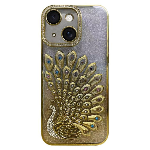 Electroplated TPU Peacock Relief Rhinestone Glitter Phone Case with Lens Film, For iPhone 16, For iPhone 15 Pro Max, For iPhone 15 Pro, For iPhone 15, For iPhone 14, For iPhone 14 Pro, For iPhone 14 Pro Max, For iPhone 13 Pro Max